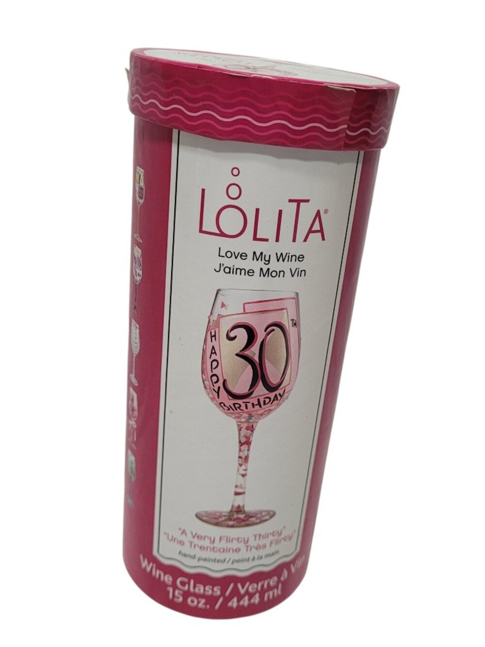 Lolita Wine Glass 15 OZ Flirty Thirty Birthday Hand Painted J'aime Mon Vin Pink